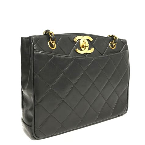 chanel vintage black lambskin leather quilted tote bag|Chanel classic flap shoulder bag.